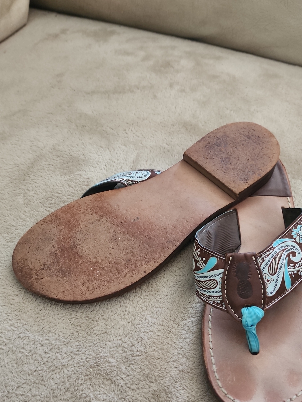 Leather Brown & Teal Paisley Thong Sandals - Women - Picture 4 of 5